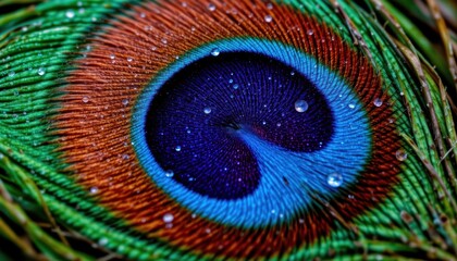 Naklejka premium Closeup of a Colorful Peacock Feather with Iridescent Hues and Water Droplets in Nature