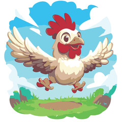Cartoon Chicken Flying Above A Lush Green Field With A Cheerful Expression Vector Illustration