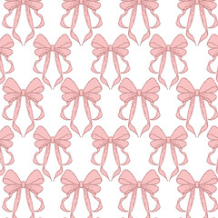 Elegant seamless pattern with hand-drawn pink bows on a white background. Perfect for textile, packaging, wallpaper, wrapping paper, and feminine design projects.