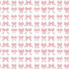 Elegant seamless pattern with hand-drawn pink bows on a white background. Perfect for textile, packaging, wallpaper, wrapping paper, and feminine design projects.