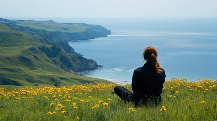 Serene Woman Sitting on Green Grass Overlooking Beautiful Coastal Cliffs and Calm Ocean Waves in Bright Daylight