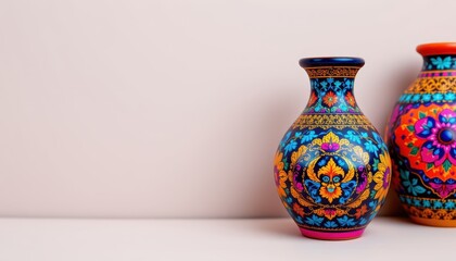 Colorful Decorative Ceramic Vases with Intricate Traditional Patterns on a Neutral Background
