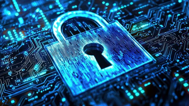 A padlock with a keyhole on a circuit board, set against a blue and green background.