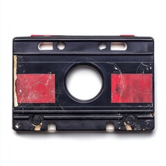 Isolated black cassette tape case with worn red labels on white background