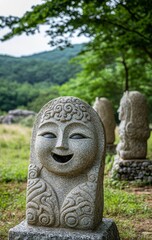 Obraz premium Smiling Stone Statue in a Green Garden Setting