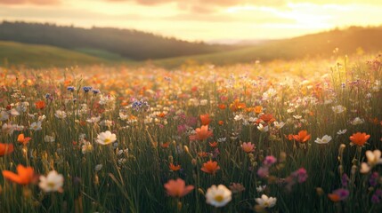 Fototapeta premium Vibrant Wildflower Meadow at Sunset