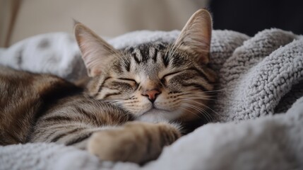 Sleeping Tabby Cat Relaxing on Soft Blanket with Peaceful Expression and Cozy Environment