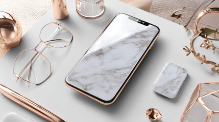 Rose Gold Smartphone Mockup with Marble Design Stylish Accessories Flatlay
