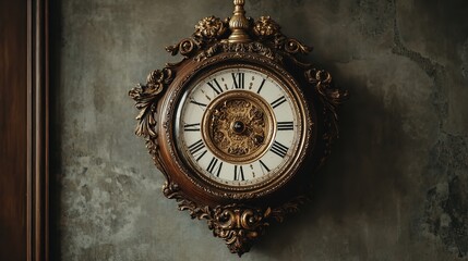 Vintage wooden wall clock with ornate carvings and blank face, front view on white background