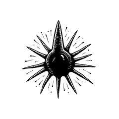 Stylized Spiked Sphere with Radial Lines, Monochromatic Design, Isolated Art