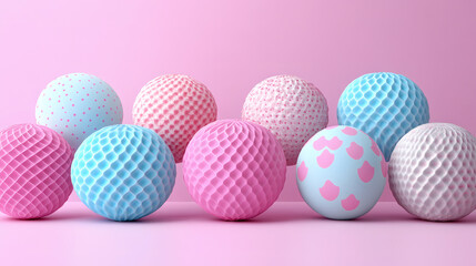 Obraz premium Colorful pastel spheres in array with intricate patterns on pink backdrop