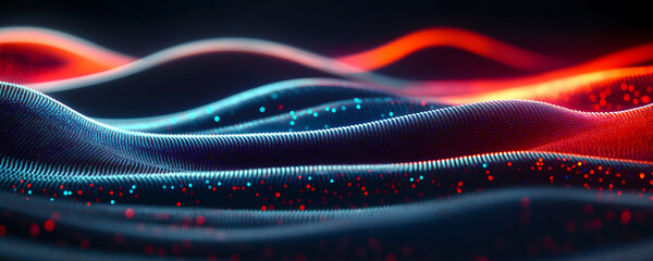 Vibrant abstract background with flowing red and blue light waves and glowing particles on a dark surface. Dynamic, modern digital art.