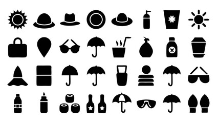Modern glyph icons representing sun protection SPF essentials ideal for dermatology content beauty product branding skincare infographics and health education