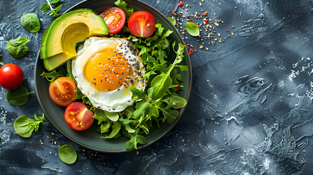 fried eggs with salad, top view, on a dark background and copy space