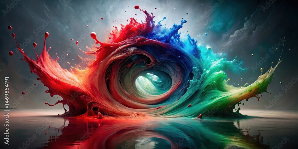 Poster a vibrant, swirling vortex of multicolored liquid paints creates a mesmerizing abstract wave, reflec