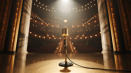 The grand, cinematic stage, illuminated by soft spotlights and ambient lights, features tall elegant pillars, a dramatic staircase, and a glowing platform, resembling an award ceremony or a majestic f
