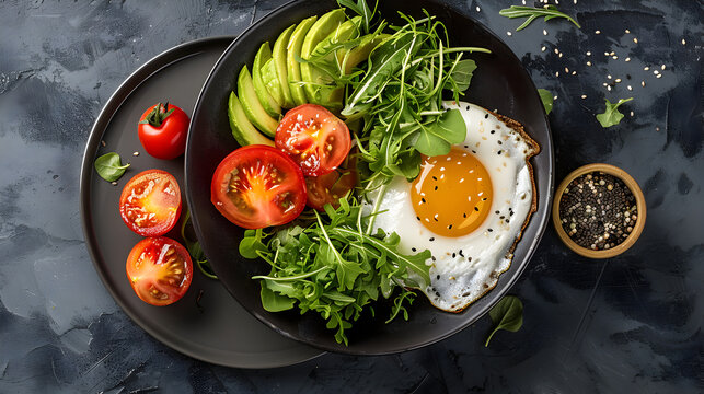 Scrambled eggs with salad, top view, on a dark background and copy space	