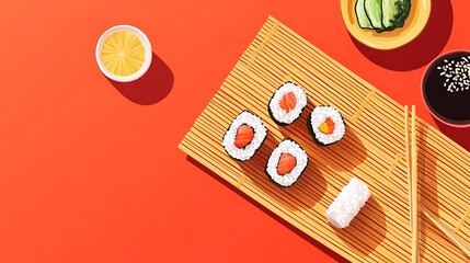 Sushi platter with top view, and red background.