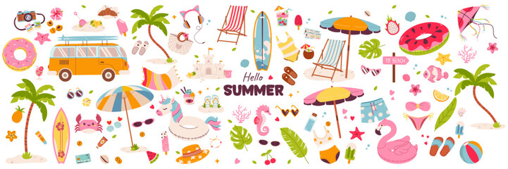Big set of Summer beach stickers. Icons, signs, banners. Fun holiday elements: swimsuits, palm trees, floaties, food, surfboards, ice cream, and vacation accessories. Summer collection