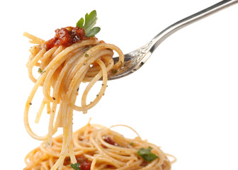 spaghetti with pasta on fork isolated on white background, PNG
