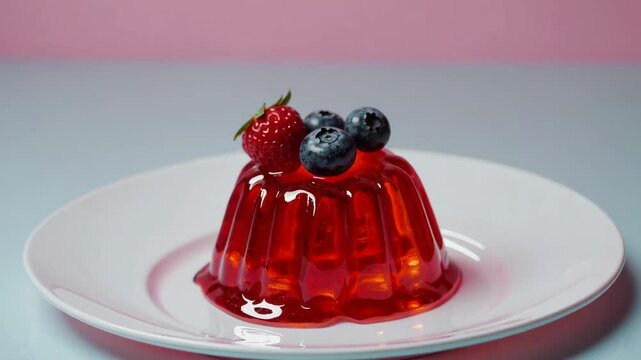 Vibrant berry topped jello dessert glistening in soft light