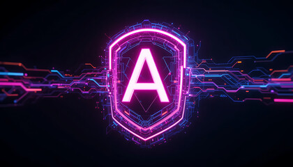Cybernetic Shield With Initial A Neon Glow Technology Concept Artificial Intelligence Futuristic Design Digital Security Data Protection