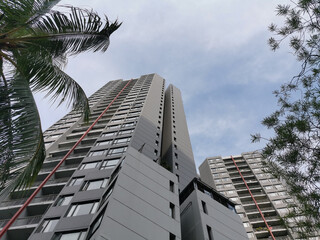 POV: perspective view of Modern High-Rise Apartment Buildings with Palm Tree and Blue Sky, Low...