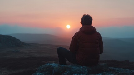 Person Sitting on Rock at Sunset Overlooking Vibrant Horizon in Remote Landscape