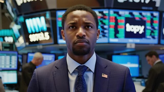 A focused black male analyst in a navy suit observes dynamic stock tickers on a bustling trading floor. concept of market vigilance and professional responsibility.