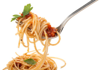 spaghetti with pasta on fork isolated on white background, PNG