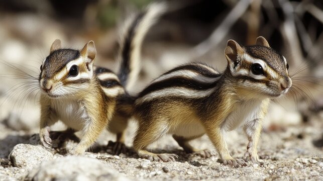 Two Adorable Chipmunks Exploring a Natural Habitat with Intricate Stripes on Fur on a Sunny Day