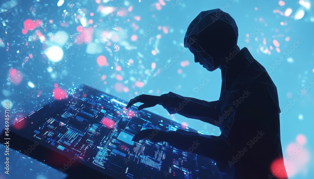 Poster silhouette of a person working on a glowing digital interface at night