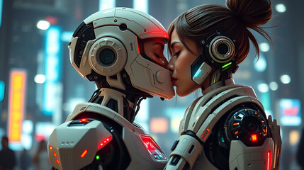 Love and kisses of the most beautiful girl and cyborg outfit in cyberpunk, futuristic, high-tech, . Combat robot transformer beautiful android girl. Cyberpunk society.