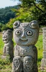 Fototapeta premium Weathered Stone Carvings in a Green Landscape