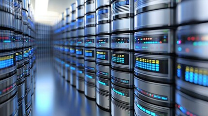 A row of servers in a data center with blue and green lights