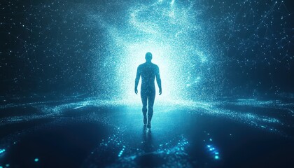 Silhouette of a Person Walking Through a Glowing Blue Digital Tunnel