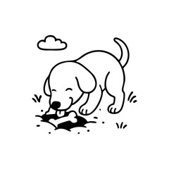 A satisfied dog using its nose and paws to hide a bone or treat under a pillow or in the backyard, glancing around sneakily