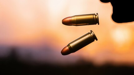 Ammunition and Reload Concept, Silhouette of a Shooter Dropping an Empty Magazine Against a Beautiful Sunset Background