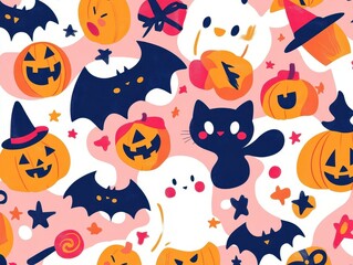 Obraz premium Cute Halloween Pattern with Pumpkins Bats and Ghosts