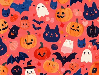 Naklejka premium Cute Halloween Seamless Pattern with Pumpkins Cats and Bats on Pink Background
