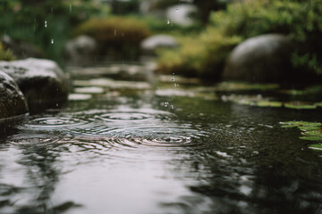 Fototapeta premium Raindrops Falling on a Calm Pond, Creating Ripples
