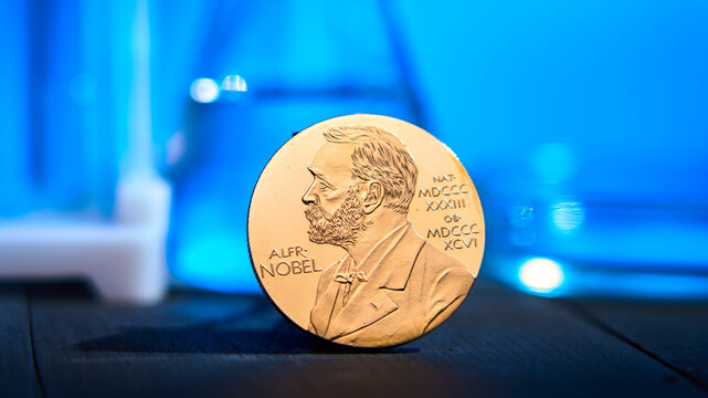 Moscow May 10 2025, Nobel Prize in chemistry. Nobel award in chemical laboratory. Concept.