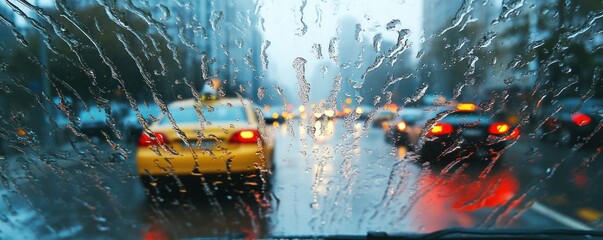 Rainy city traffic, blurred view from car, urban background, driving safety