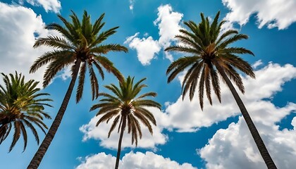 Looking Up at Palm Trees Against a Bright Blue Sky with Clouds