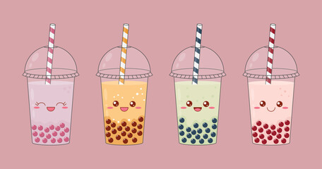 Bubble tea set. Delicious drinks in plastic cups with tube. Vector illustration