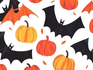 Halloween Pattern with Orange Pumpkins and Black Bats