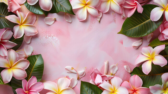 frangipani flower frame on a pink background with space for text, basis for a travel leaflet