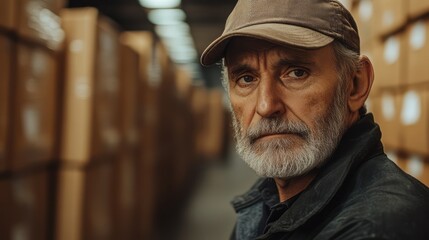 Mature worker's serious expression within a warehouse setting.