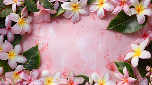 frangipani flower frame on a pink background with space for text, basis for a travel leaflet
