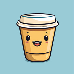 Cartoon Coffee Cup Character With Happy Smiling Expression On Light Blue Background